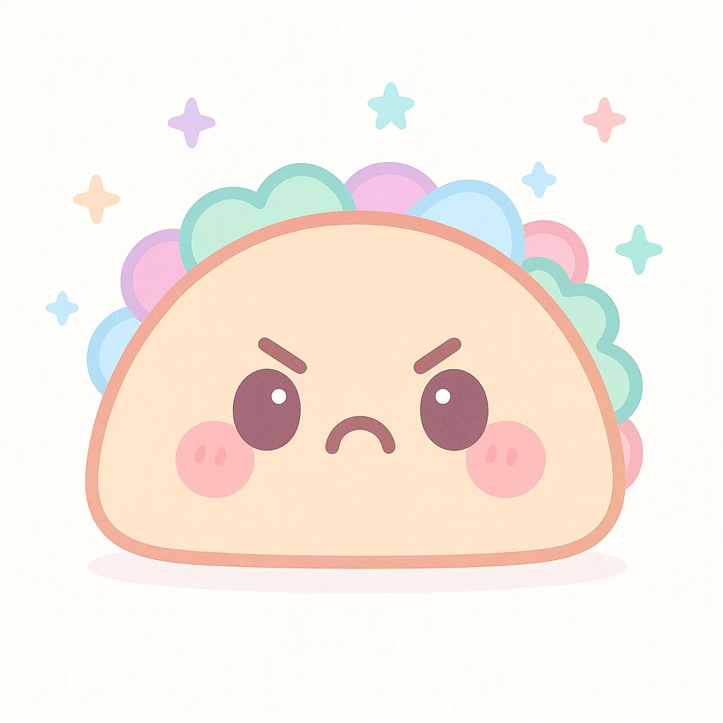cute angry taco with blushing cheeks, pouty face, bright colors, simple background emoji