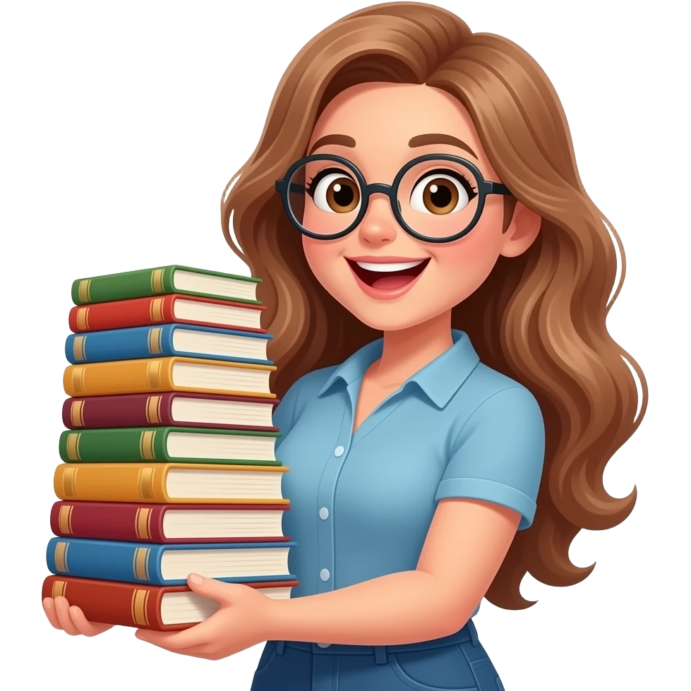 detailed emoji illustration of a curvy woman with long light brown wavy hair, light brown eyes and round glasses holding a huge stack of books, excited book lover expression, cute emoji style emoji