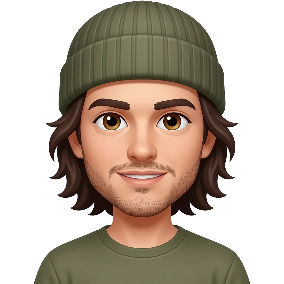 Skinny physique, dark brown thick eyebrows, ahoulder length long dark brown hair man, hazel eyes, very scruffy 5 oclock shadow with beanie skateboarder emoji