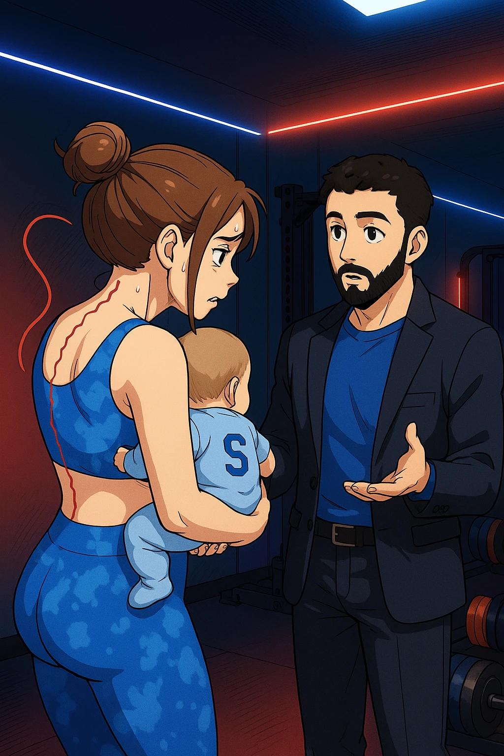 ispirati a questo stile di disegno e fai questa immagine in versione manga/webtoon a colori, il manga mostra la donna preoccupata di profilo con la postura sbagliata e incurvata, spalle chiuse e curve in avanti, con un neonato in braccio con una tutina azzurra e la scritta "S" sulla schiena, spina dorsale storta della donna in evidenza mentre ascolta l'uomo mentre l'uomo gli sta spiegando una cosa, ma non fare i fumetti, fai come se stessero parlando emoji
