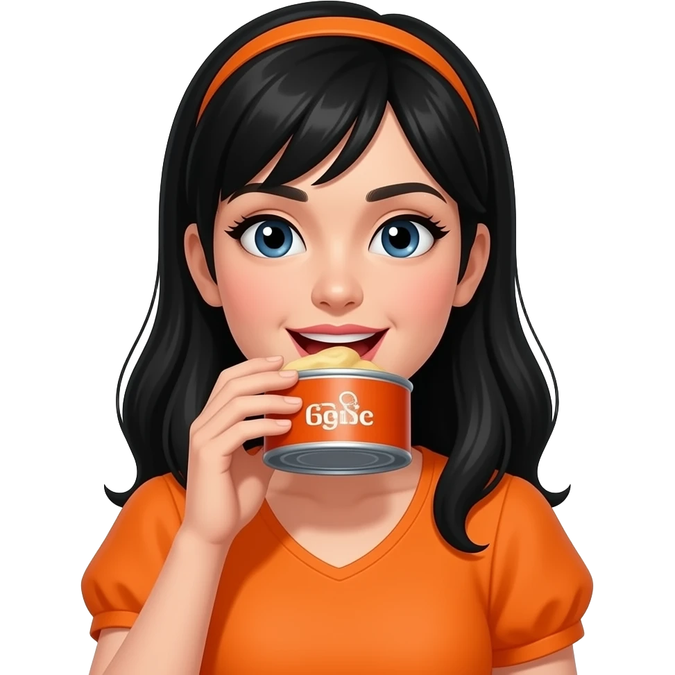 front facing orange costume woman eating large canned food with lable closeup black hair emoji