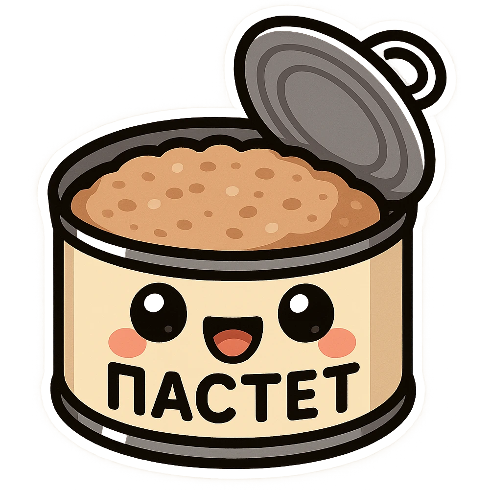 Minimal chibi open pâté can emote, visible pâté inside the can, big cute eyes, cheerful smile, thick black outline, flat colors, strong contrast, simple emoji sticker style, transparent background, Twitch emote optimized, Cyrillic text "ПАСТЕТ" clearly readable emoji