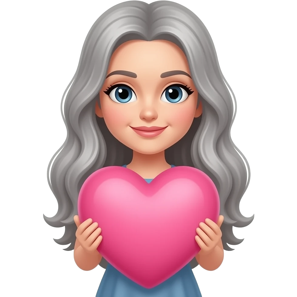 grey long hair on the side -lady -holding a huge pink heart emoji