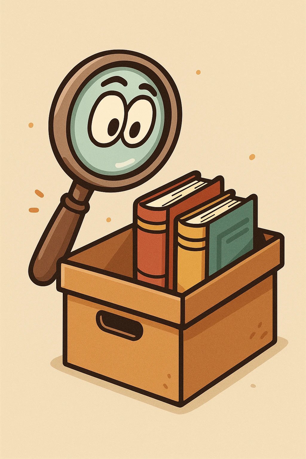 magnifying glass above an archive box with books inside, symbolizing search, flat cartoon style emoji