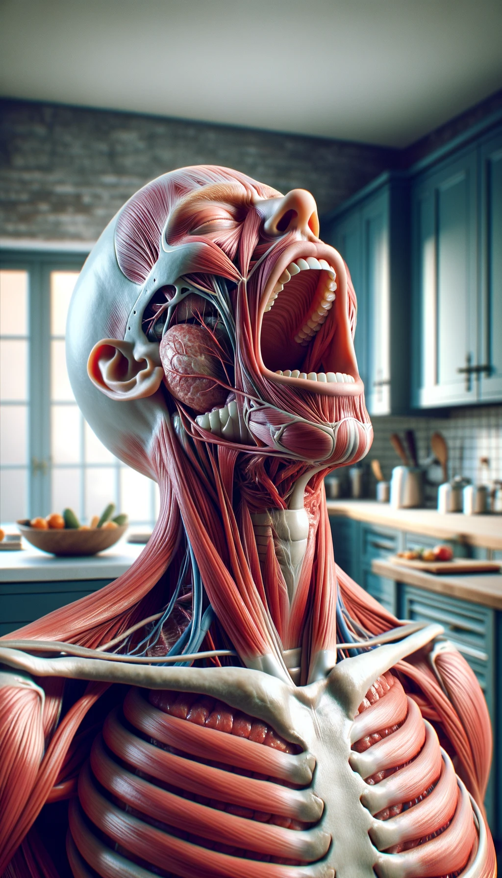 corpo umano anatomico che prende un forte respiro con la bocca tutta aperta, sfondo  della sua cucina sfocata in sottofondo, iperrealistico 4k emoji