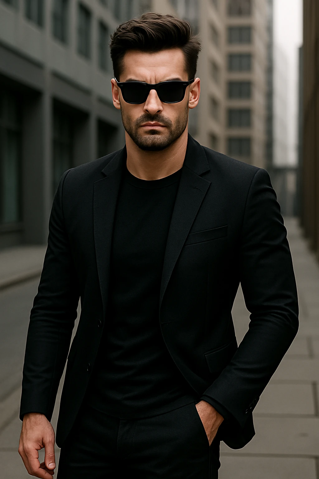 Make the sigma character more serious with a strong jawline and intense expression. Keep the sunglasses and confident pose. Render in a modern style with a serious and strong vibe. emoji