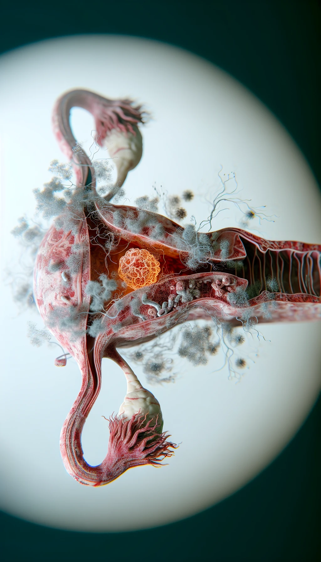 corpo umano anatomico con batteri come la candida nell'utero, sfondo neutro chiaro, iperrealistico 4k emoji