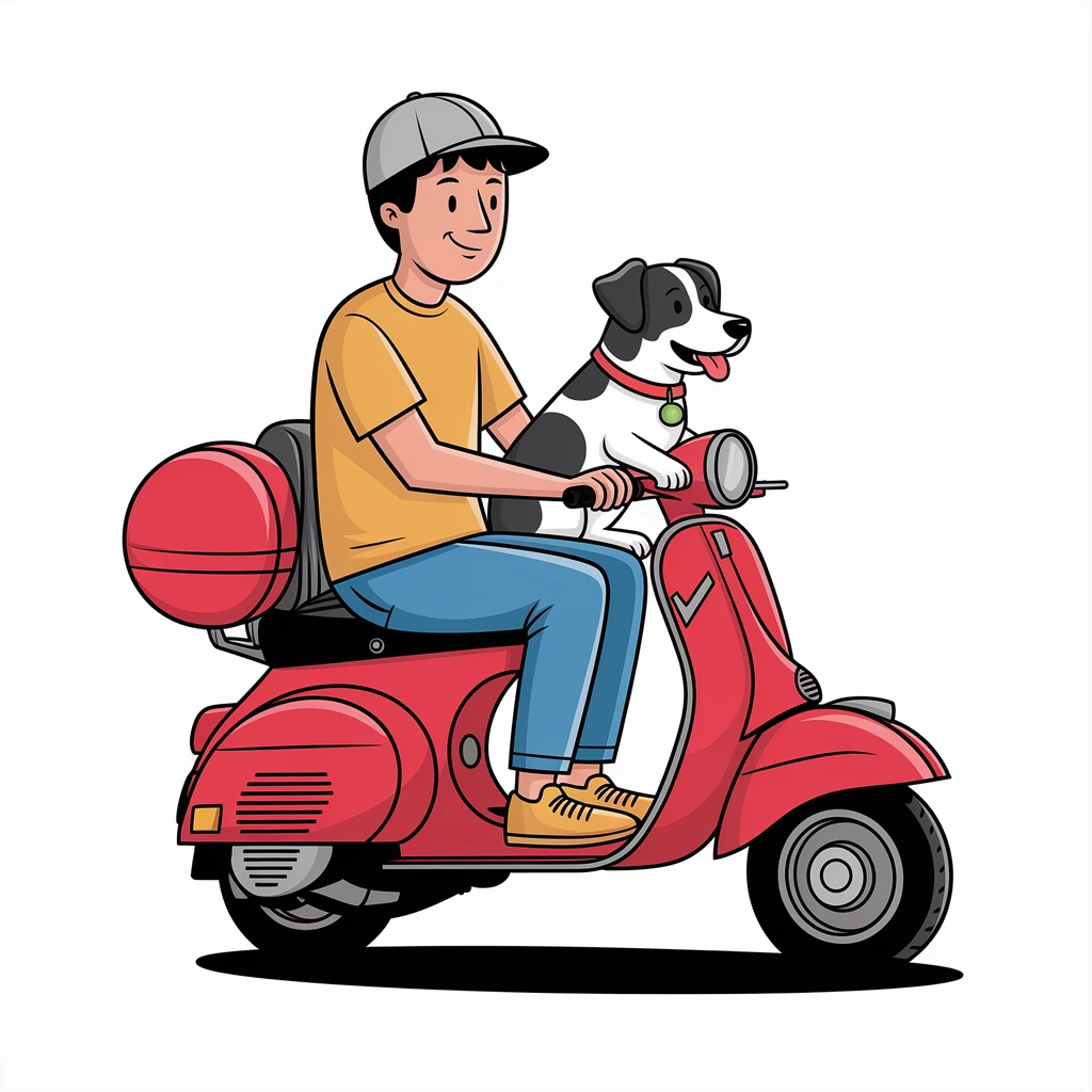 vector art of a man and his pet dog riding a vespa, for website design emoji