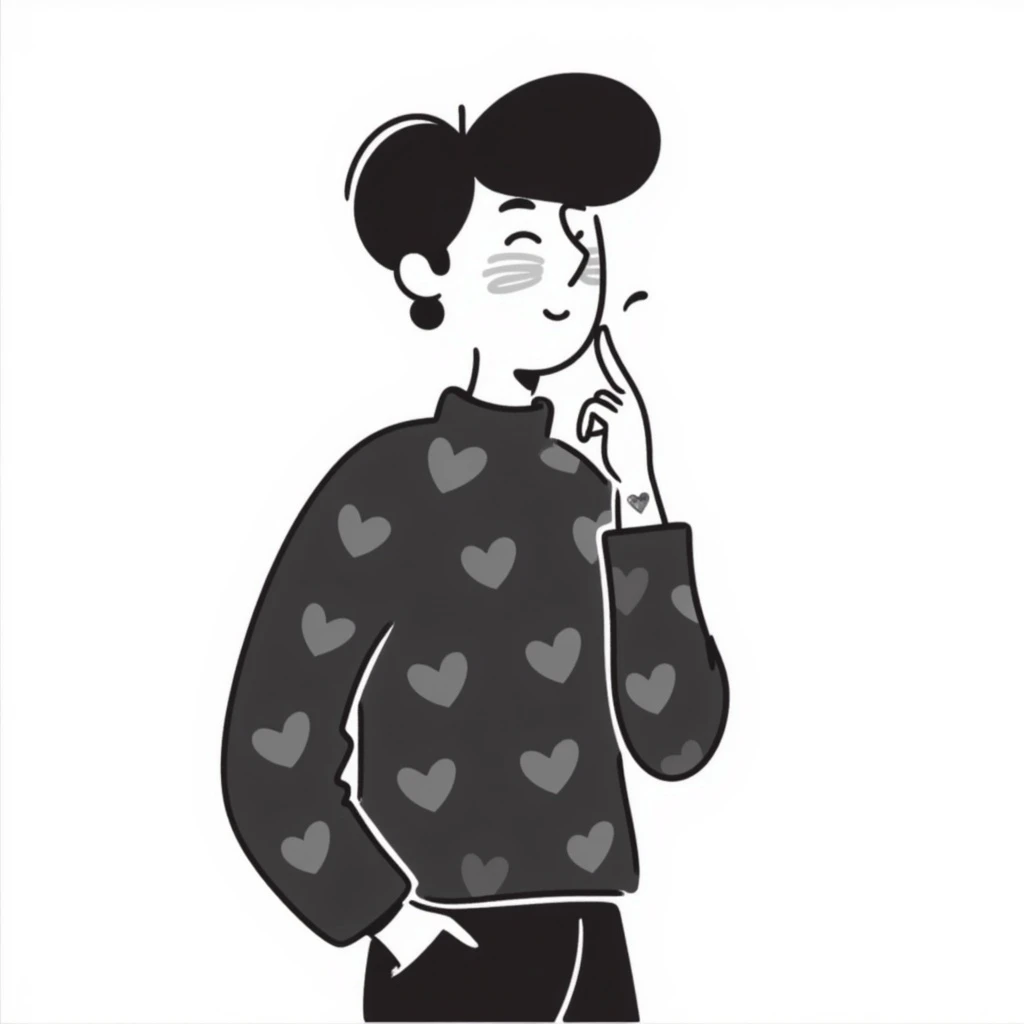 a handsome guy with black hair, looking slightly flushed and dreamy, showing signs of low blood pressure such as a gentle blush and relaxed posture, hand to cheek, subtle romantic hints suggesting his boyfriend is the cause, hand drawn doodle style emoji