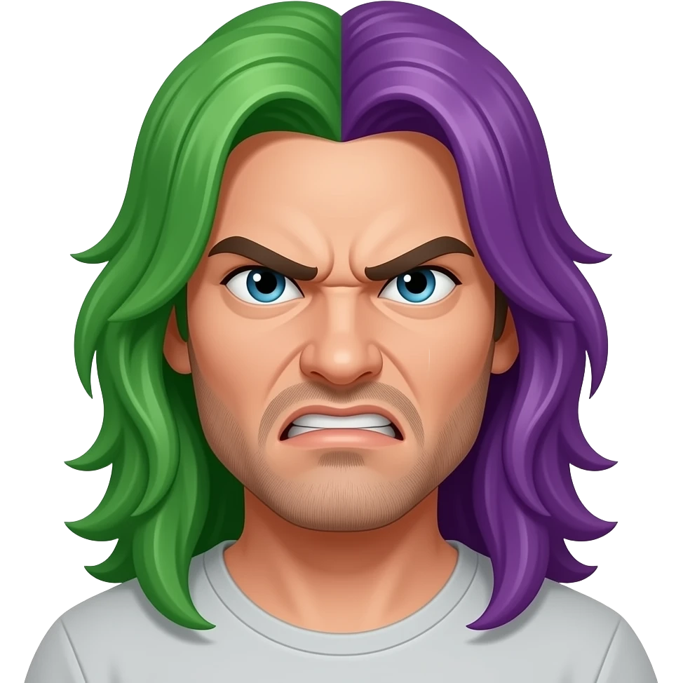 A very angry man growing long half-green half-purple hair emoji