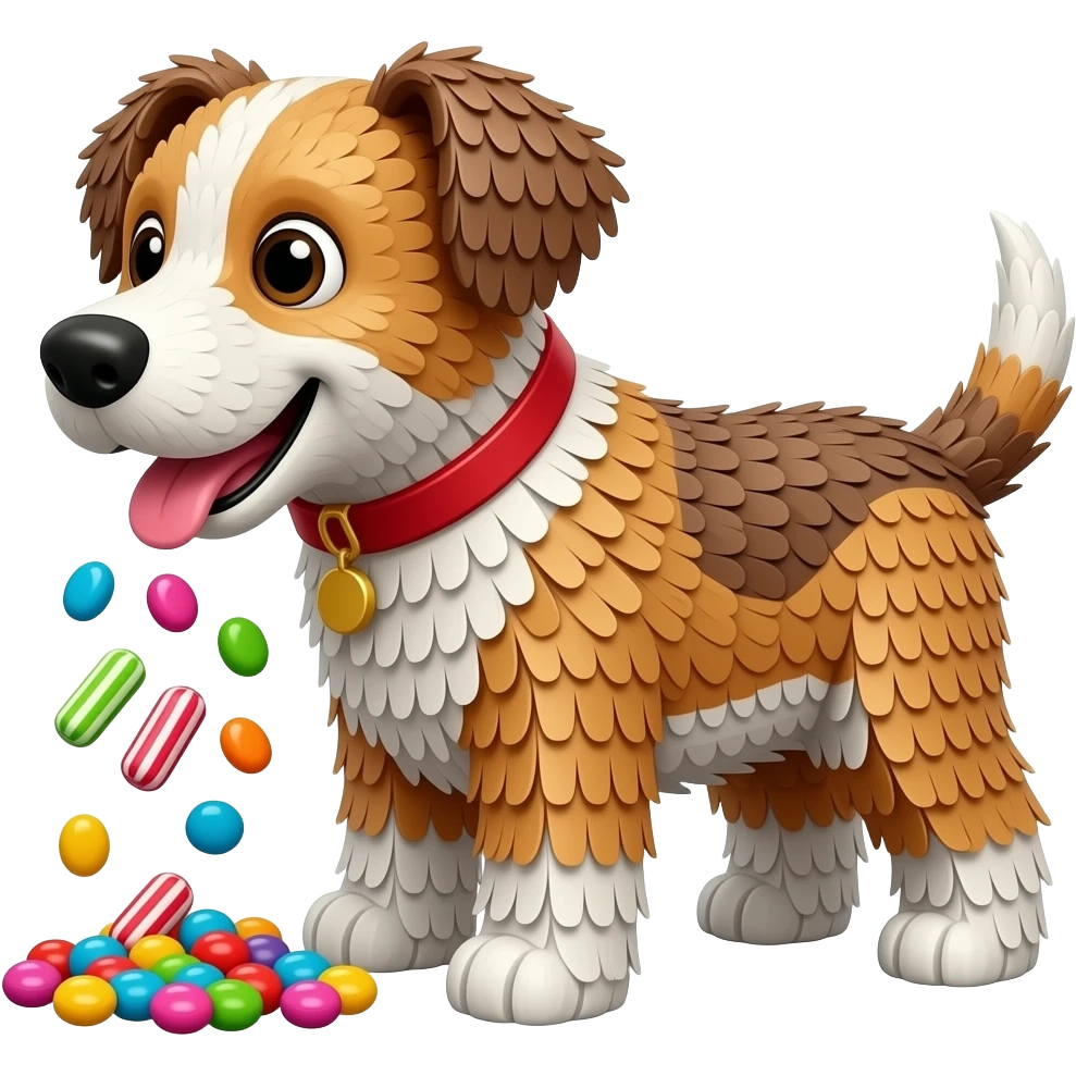 Dog shaped pinata cracked with candies emoji