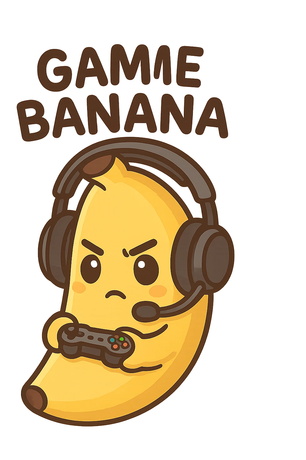Cartoon banana wearing headset, holding tiny controller, focused expression, text above: "NE BANANA", chibi style, Twitch emoji style, transparent background, colorful emoji
