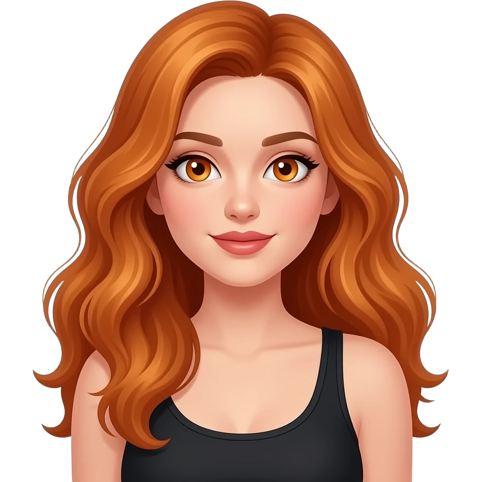 sexy girl with long wavy ginger hair and ginger eyes wearing a black tanktop shrugs her shoulders emoji