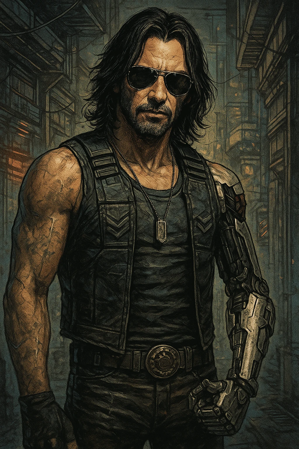 Johnny Silverhand, cyberpunk rockstar with a robotic arm, sunglasses, and a rebellious attitude, detailed illustration style emoji