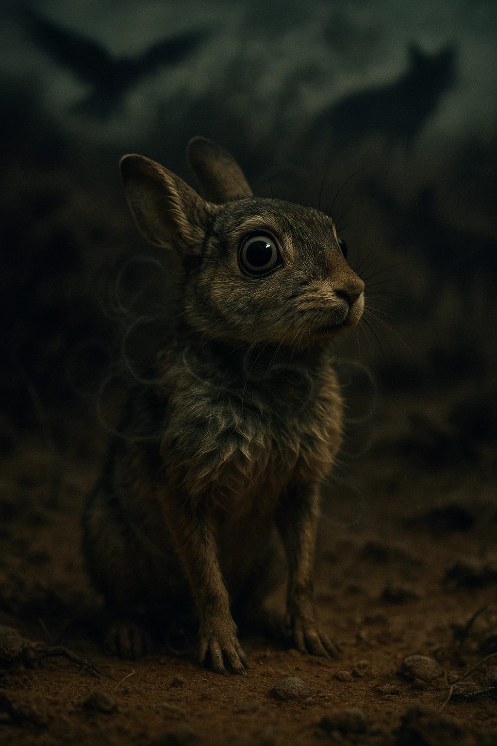 A hyperrealistic, cinematic illustration of a small wild animal, such as a rabbit or a meerkat, with wide, alert eyes and tense body posture, standing in a dry, rugged environment with predators lurking in the shadows. The animal's chest is visibly rising and falling rapidly, representing short, shallow breathing due to constant fear and vigilance. The background is dimly lit, with faint shadows of predators like hawks or foxes barely visible, symbolizing the ever-present threat. Around the animal, subtle visual representations of tension and stress appear as tight, dark rings or smoke near its chest and head, while the environment feels heavy and oppressive. The color palette is muted earth tones, with sharp focus on the animal’s tense face and rapidly moving chest, while the environment around is slightly blurred, emphasizing the feeling of isolation and perpetual fear. The style is 35mm film hyperrealistic with a storytelling, National Geographic documentary aesthetic, capturing the concept of an animal constantly living in fight-or-flight, breathing fast and shallow to survive emoji