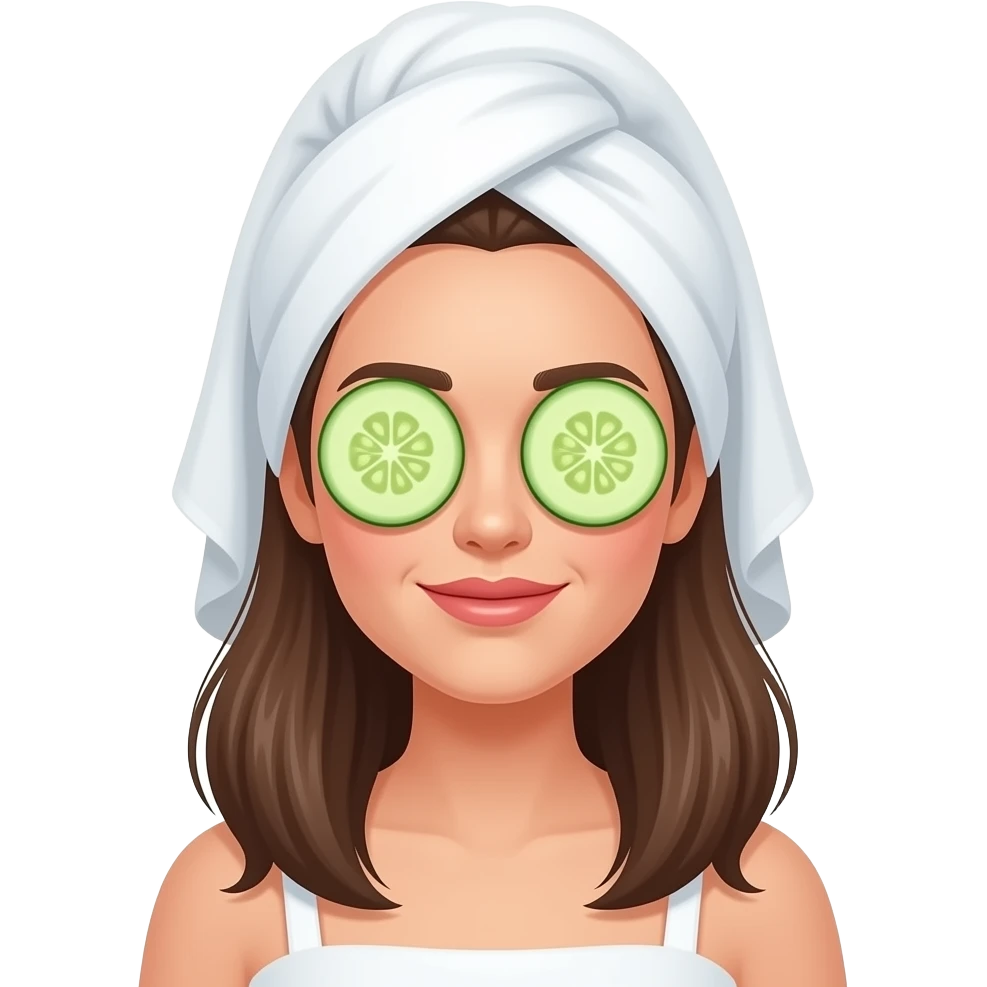 Una mujer de cabello largo  por los hombros con toalla y pepino en los ojos emoji