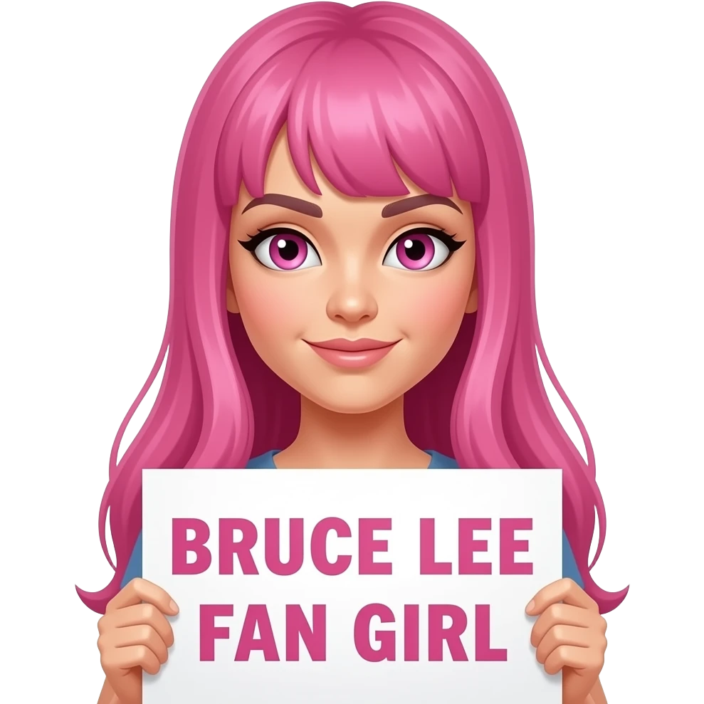 sexy girl with long pink hair and pink eyes holding BRUCE LEE FAN GIRL sign emoji