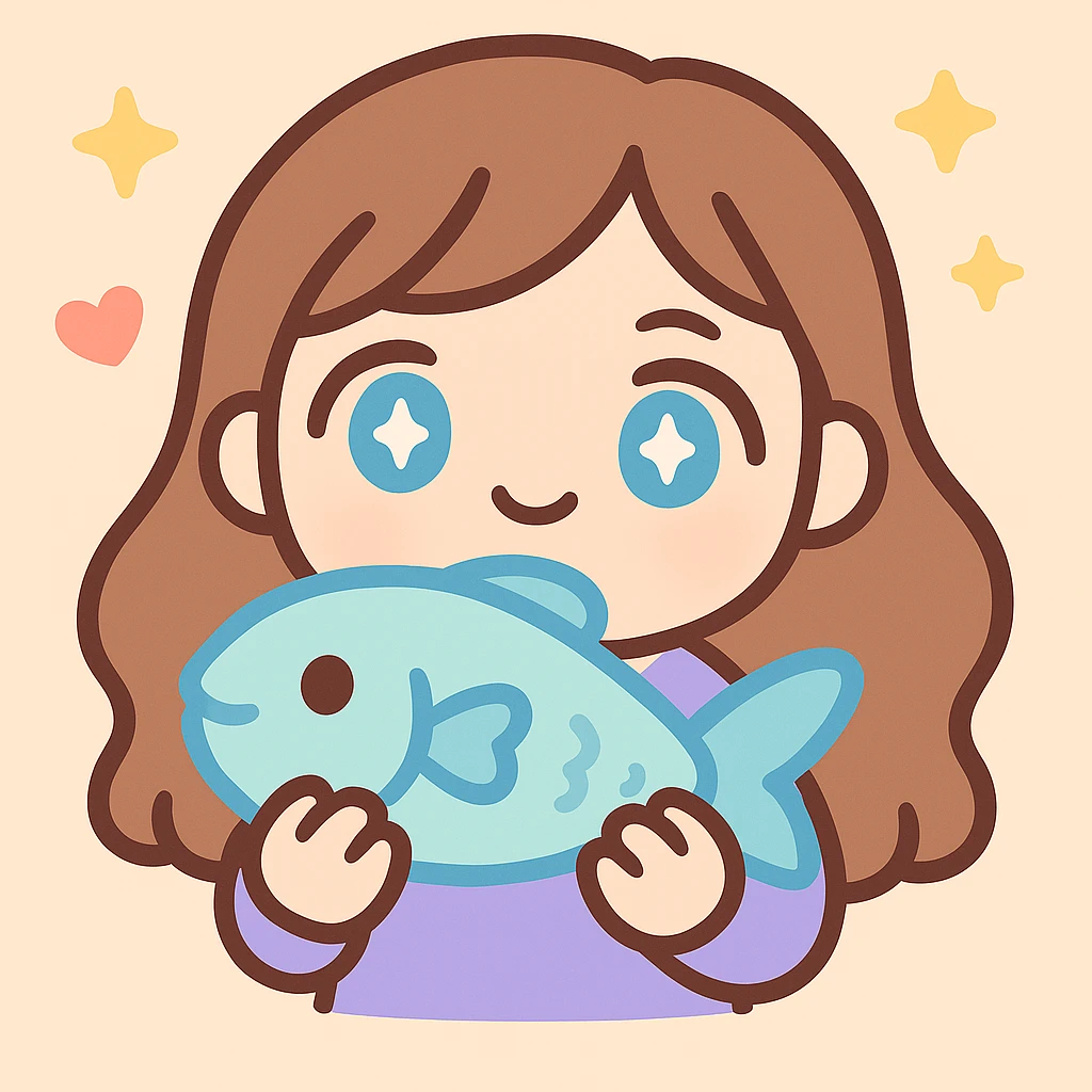 Make the girl more chibi style, give her blue eyes, and make her look slightly older (not too young), keep her holding a fish, digital art, kawaii style, twitch emote. emoji