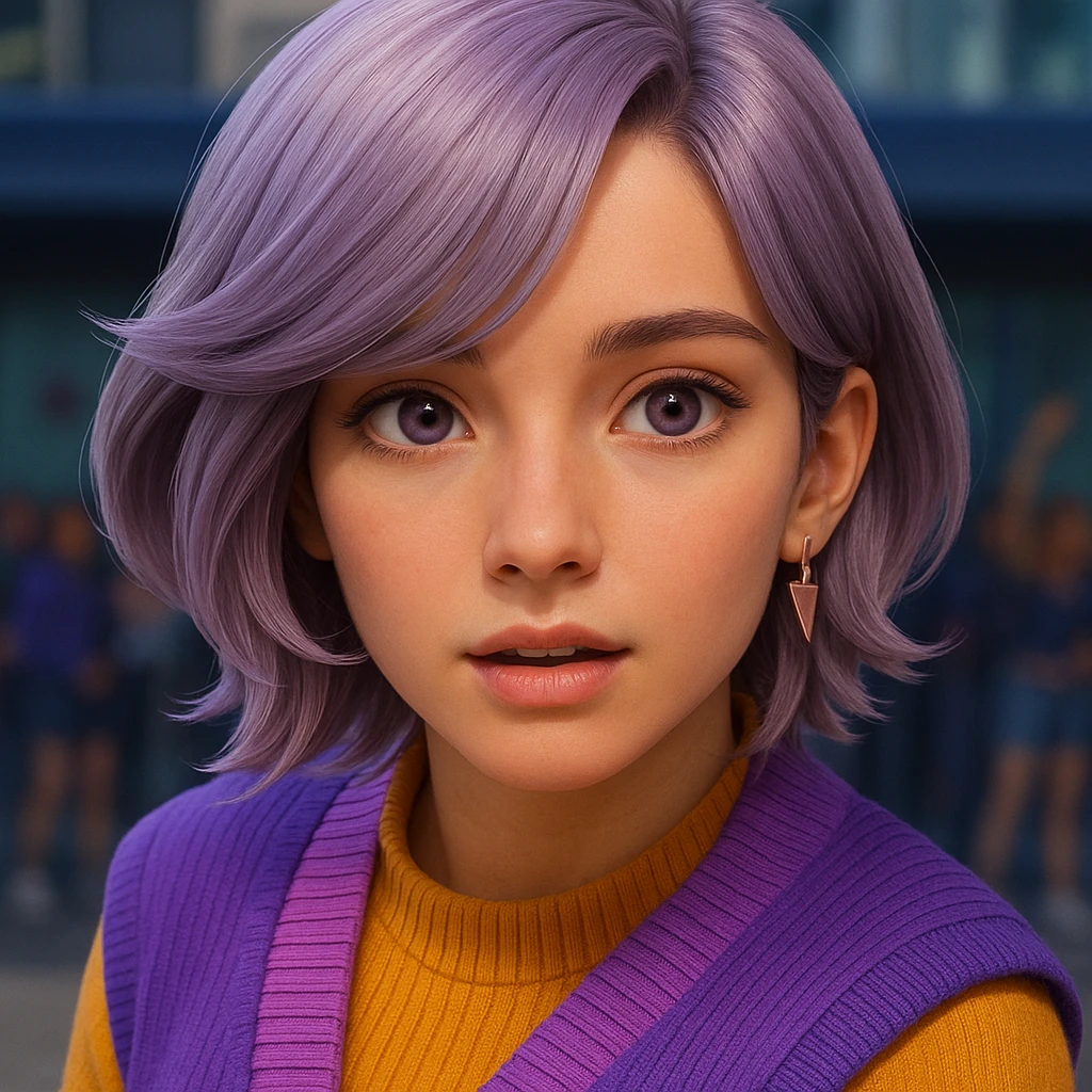 Move the hair away from the face to reveal the eyes, and add natural-looking eyes that match the character's style and expression. Keep the rest of the image unchanged. The style should match the original image's style and expression. emoji