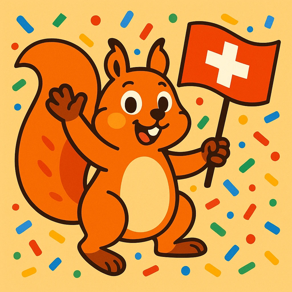 playful squirrel surrounded by confetti, waving a Swiss flag, colorful and lively emoji
