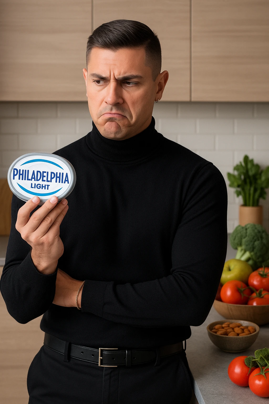 a man stands in his kitchen, holding a tub of Philadelphia Light cream cheese in one hand. He looks at it with a skeptical, slightly disapproving expression, eyebrows furrowed and lips pursed. The background shows a modern kitchen with healthy food options visible on the counter, emphasizing his awareness of better choices. The mood is reflective and subtly critical. emoji