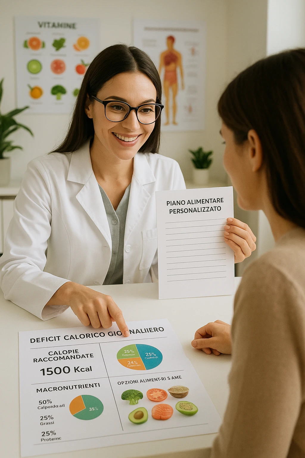 a nutritionist sits at a desk with a client, showing a personalized meal plan and a chart that clearly displays the client’s specific daily caloric deficit. The nutritionist points to the chart, which includes recommended calories, macronutrient breakdown, and healthy food options. The mood is professional, supportive, and educational. scritte in italiano emoji