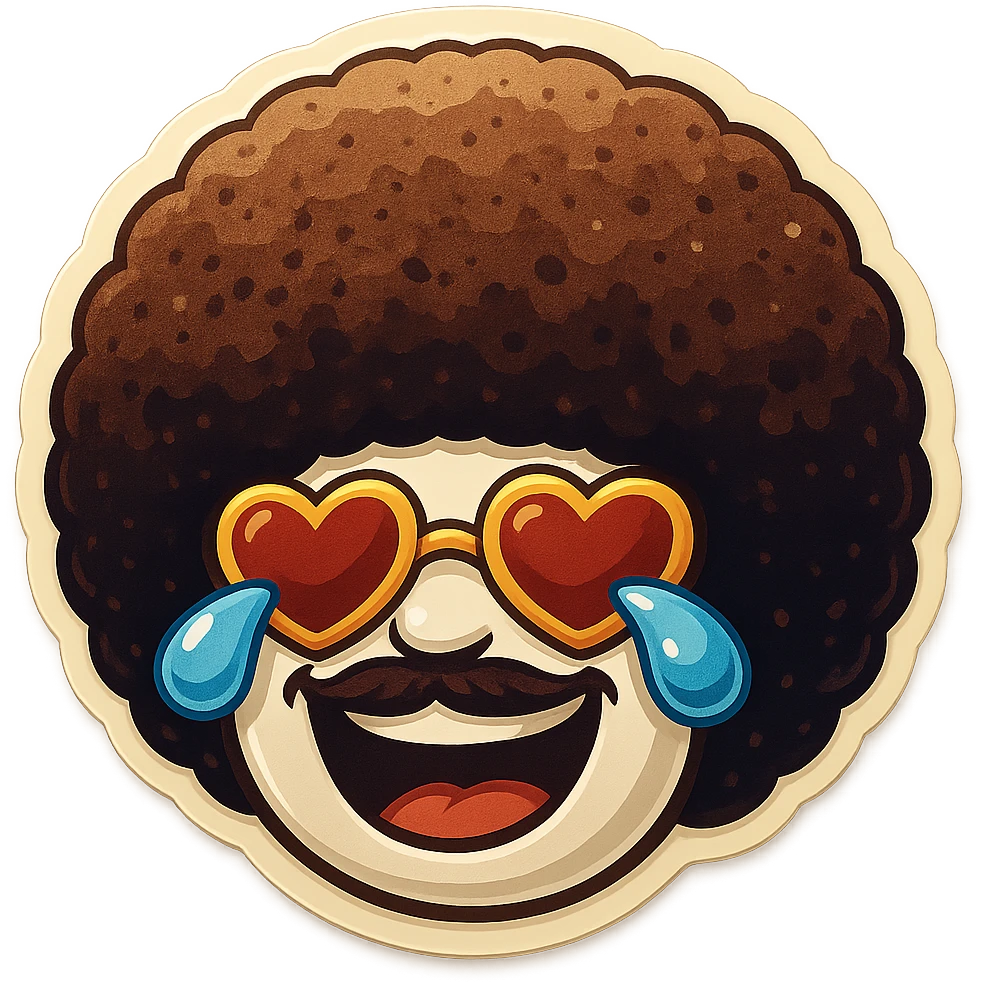 White circle face, afro, heart glasses, laughing with large tears emoji
