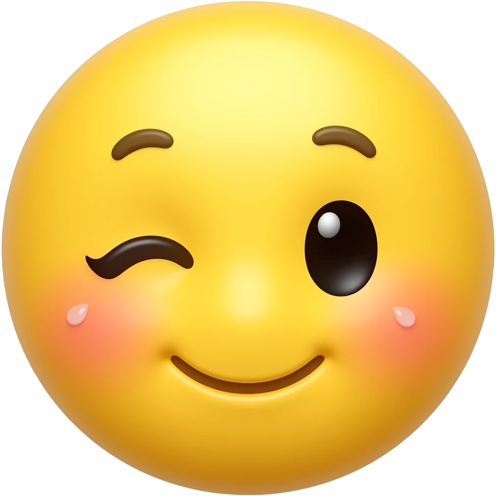 A cute 3D yellow emoji face with half-closed eyes, blushing cheeks, tiny sweat drops, and a playful smirk, flirty spicy vibe, clean white background, soft shadow, no text, no watermark emoji