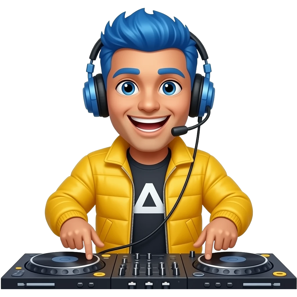 mexican male blue hair Dj with bright jacket, headphones , laughing emoji