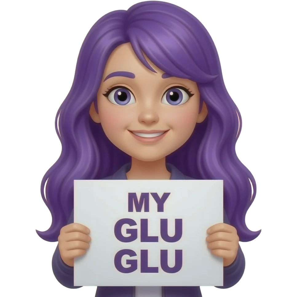 girl with long purple hair with a MY GLU GLU sign emoji