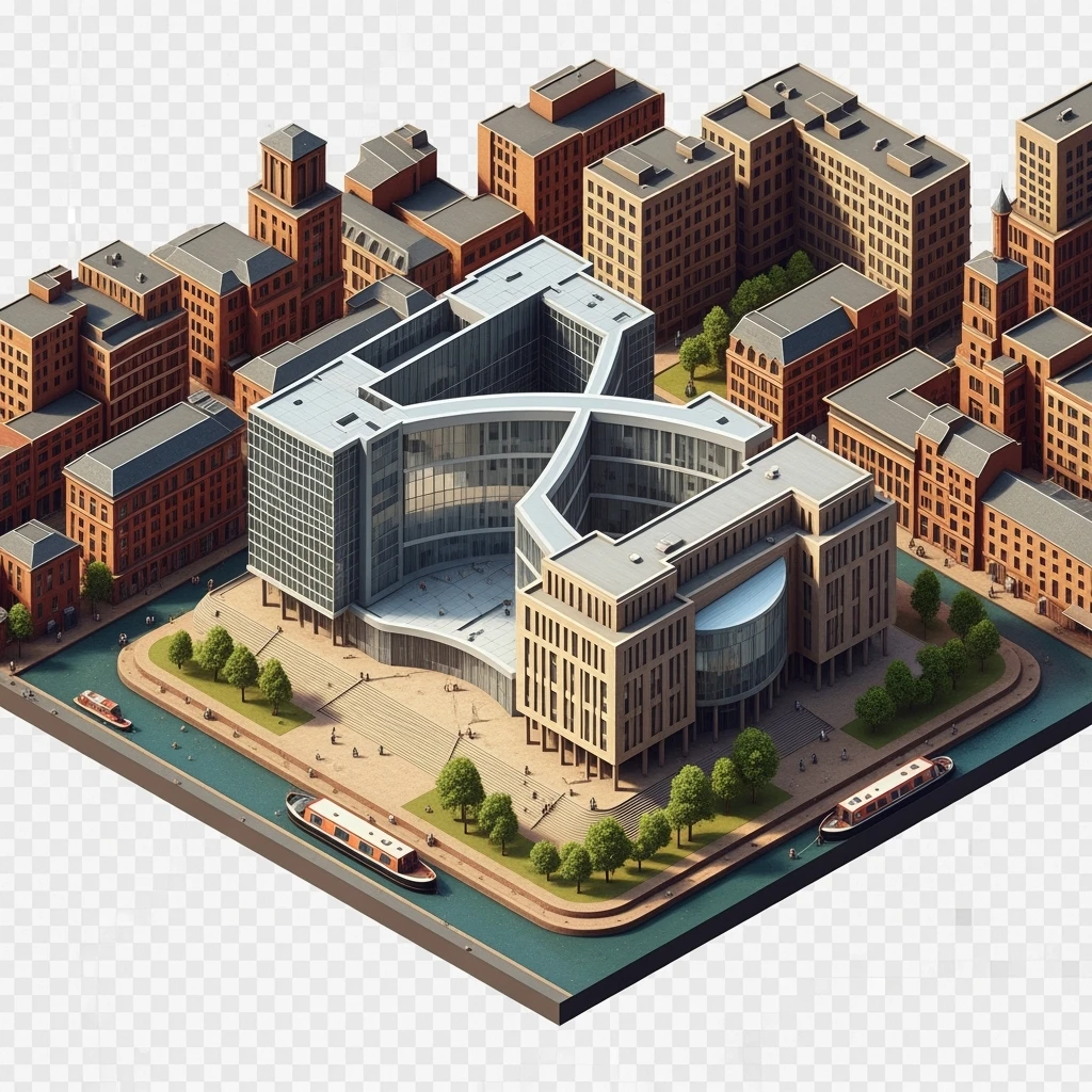 Isometric illustration of Birmingham, photorealistic the Library of Birmingham with its modern architecture, balanced between stylized and realistic, 3D miniature effect, transparent background. emoji