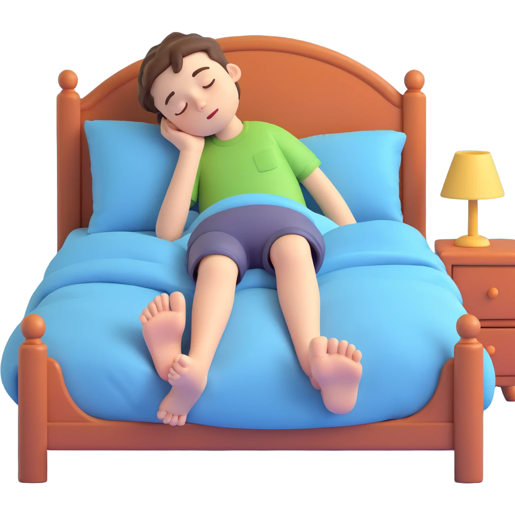 cartoon boy sleeping in bed with his feet poking out, cute and whimsical emoji