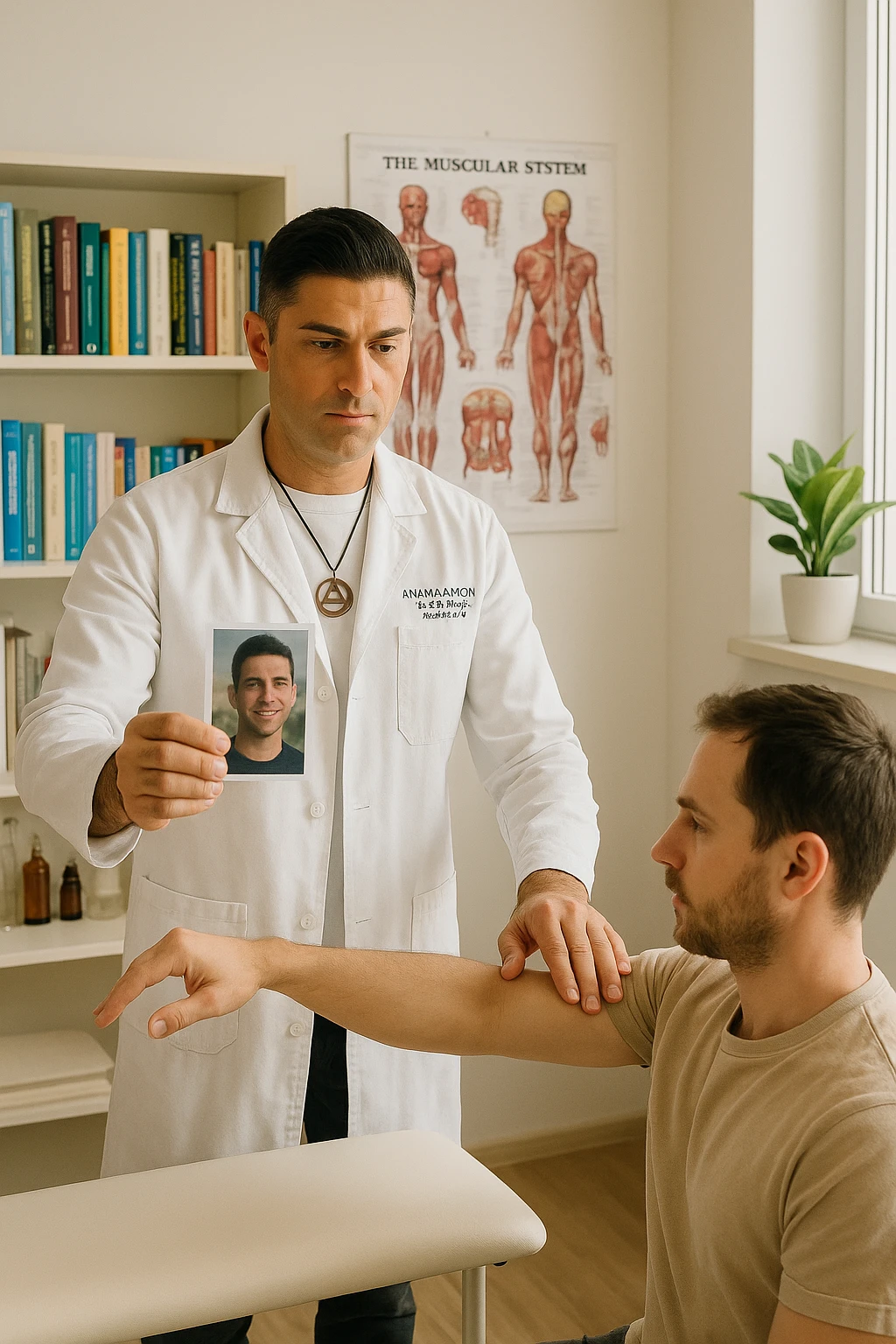 a middle-aged man, dressed in casual professional attire, is in a bright, organized therapy studio. Durante una visita di kinesiologia, il ragazzo tiene con una mano la foto di una persona lontana (il “testimone”) tiene la foto in mano, mentre con l’altra mano esegue un test muscolare su un cliente presente senza foto. Sullo sfondo si vedono libri di kinesiologia, poster anatomici e strumenti tipici della disciplina. L’atmosfera è concentrata e serena, con luce naturale che entra dalla finestra, sottolineando l’aspetto alternativo e umano della pratica. emoji