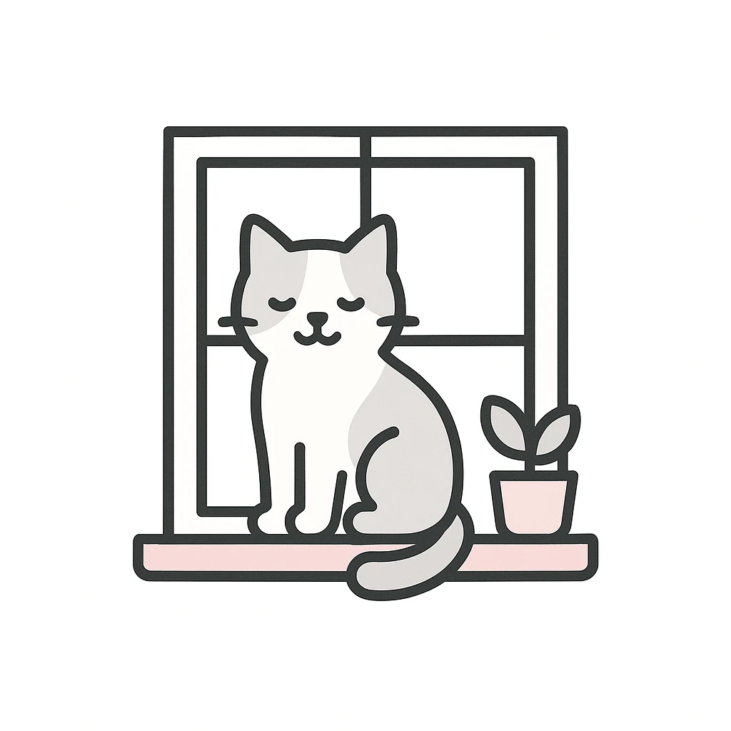 A pink and gray flat illustration of a cat sitting on a windowsill. emoji