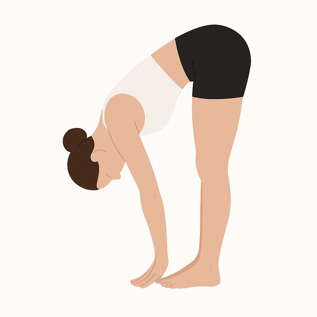 "Minimalist flat vector illustration of a woman doing yoga in forward fold pose (Uttanasana), wearing sportswear (white top and black shorts), brown hair in a bun, clean white background, no face details, elegant style" emoji