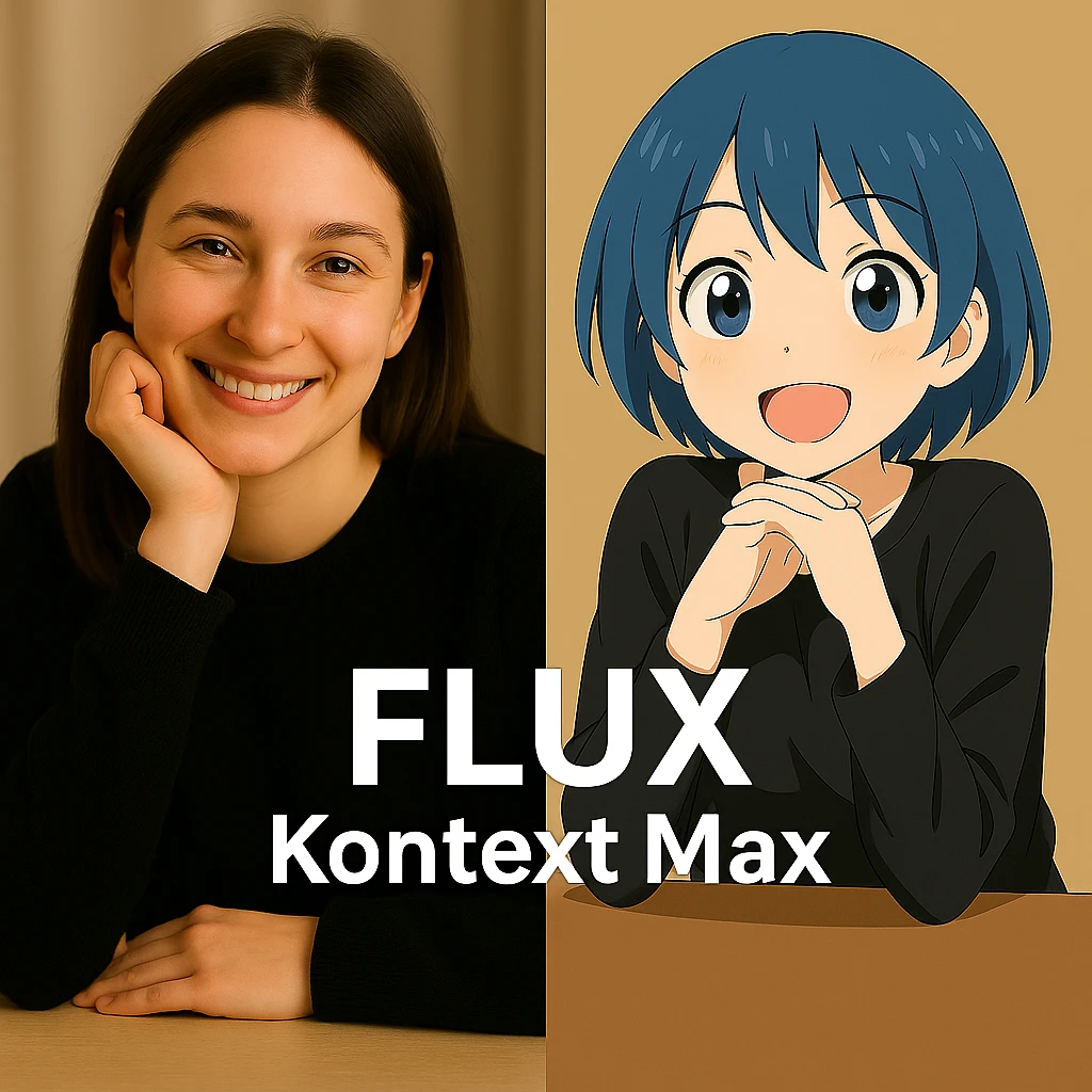 same similar image but chnage the text to "Flux Kontext Max", change people and pose too emoji