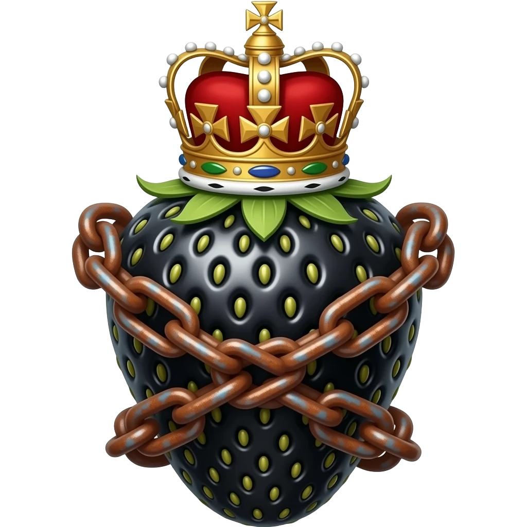 a black strawberry with a rusty, richly decorated English royal crown on top that is flaming. An oversized rusty chain is wrapped around the strawberry's body and is spinning around its body emoji