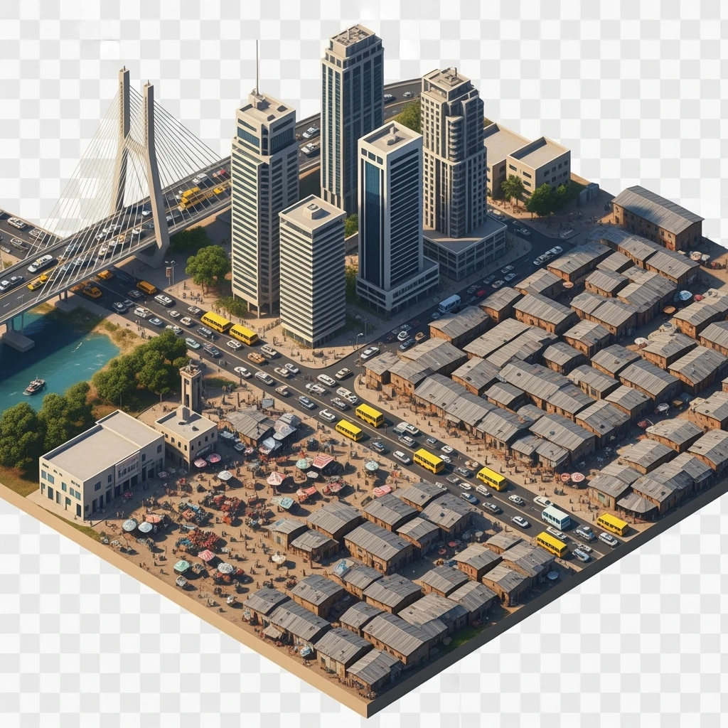 Isometric miniature of Lagos Lekki-Ikoyi Bridge, Eko Atlantic skyscrapers, Makoko slums, tin-roof shacks, chaotic markets, gridlocked traffic, 3D miniature effect and Tilt Shift effect, no cartoonish look, transparent background, don't cut angles emoji