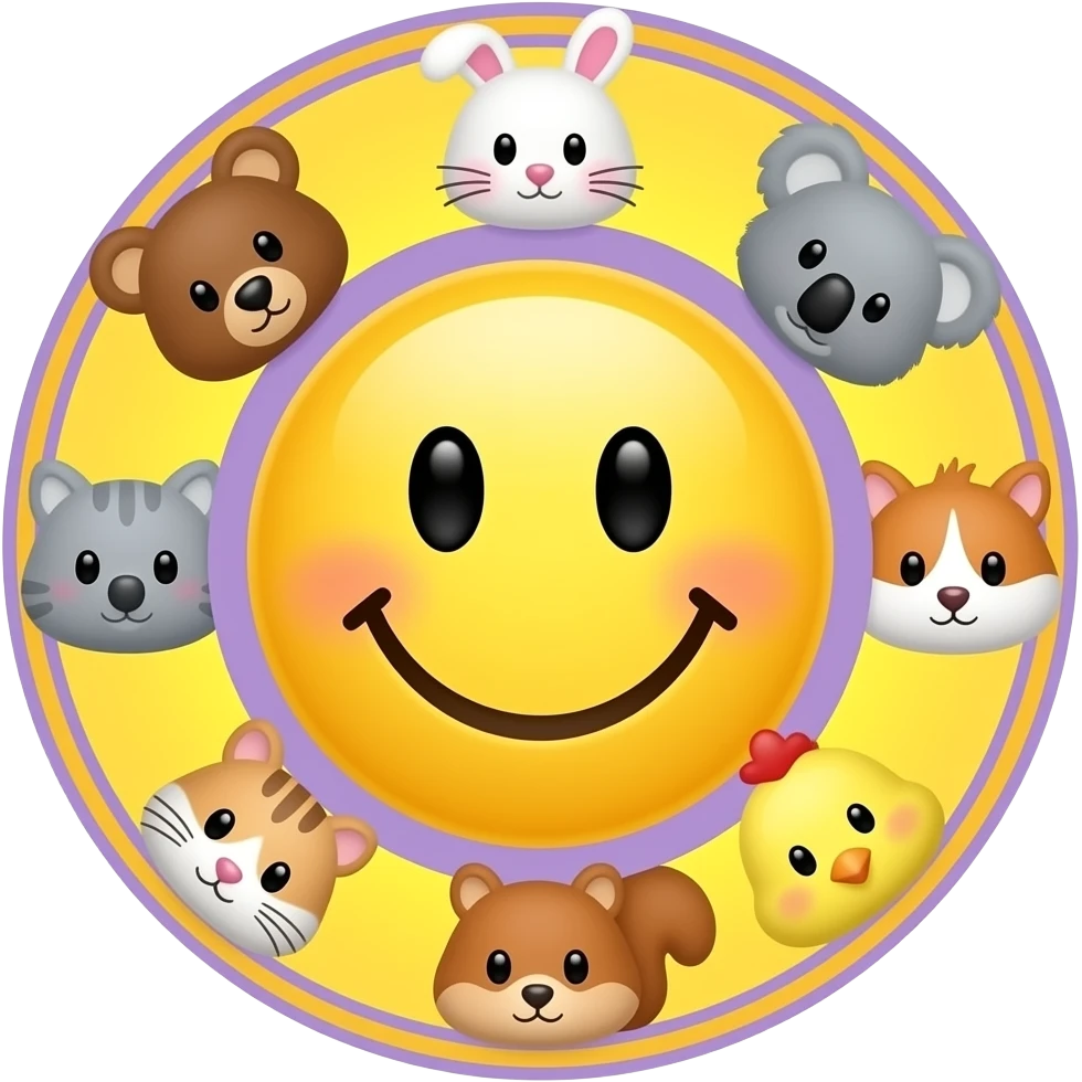 Same as this design, Yellow Smiley in the centre,with space to write, circle form ,serrounded by the head only of these symbol 🐻🐰🐨🐈🐹🐿🐥 Small size. Bright yellow background instead of red, 2 lighter purple outlines emoji