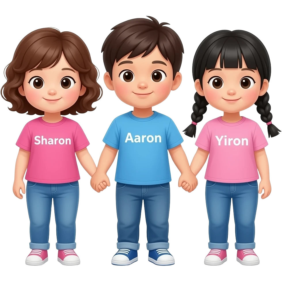 52개월 한국인 세쌍둥이 이모지를 만들어줘. 여아, 남아, 여아 순으로 배치해주고, 서로 손을 잡고 있게해줘. 아이들은 모두 한국인이야. 여아는 분홍티, 남아는 하늘색티를 입고 있고, 모두 긴 청바지를 입고 있어. 티셔츠에는 왼쪽부터 'Sharon', 'Aaron', 'Yiron' 글자를 넣어줘. 왼쪽 여아는 단발기장에 갈색 퐁글한 곱슬머리야. 남아는 이마가 드러나는 짧은 머리. 오른쪽 여아는 검정 가슴기장의 양갈래로 땋은 머리고 앞머리는 없도록. emoji