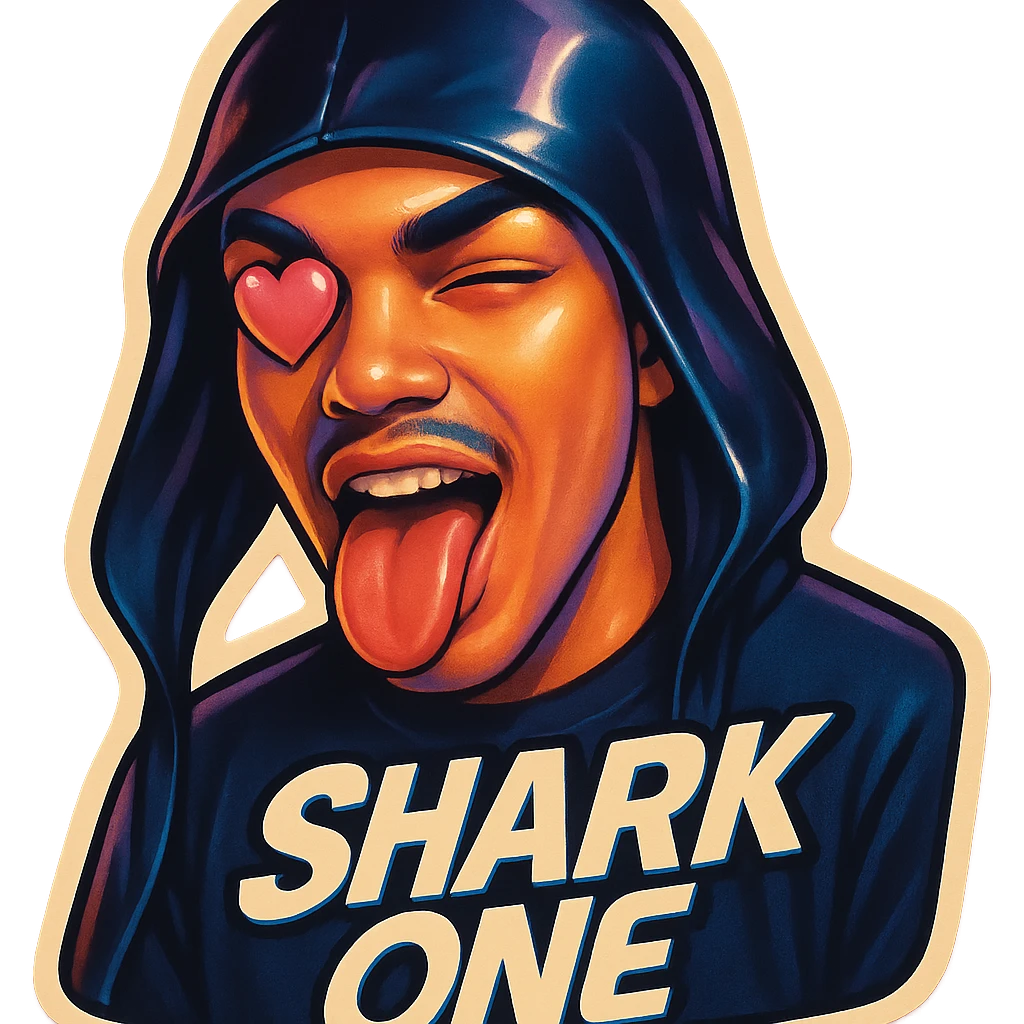 mouth open with tongue out
heart shaped eye
add the words “ Shark One " in White emoji