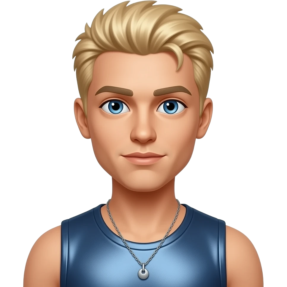 Cameron from Bratz with blue eyes, blonde hair, indigo metallic sleeveless shirt, silver necklace emoji