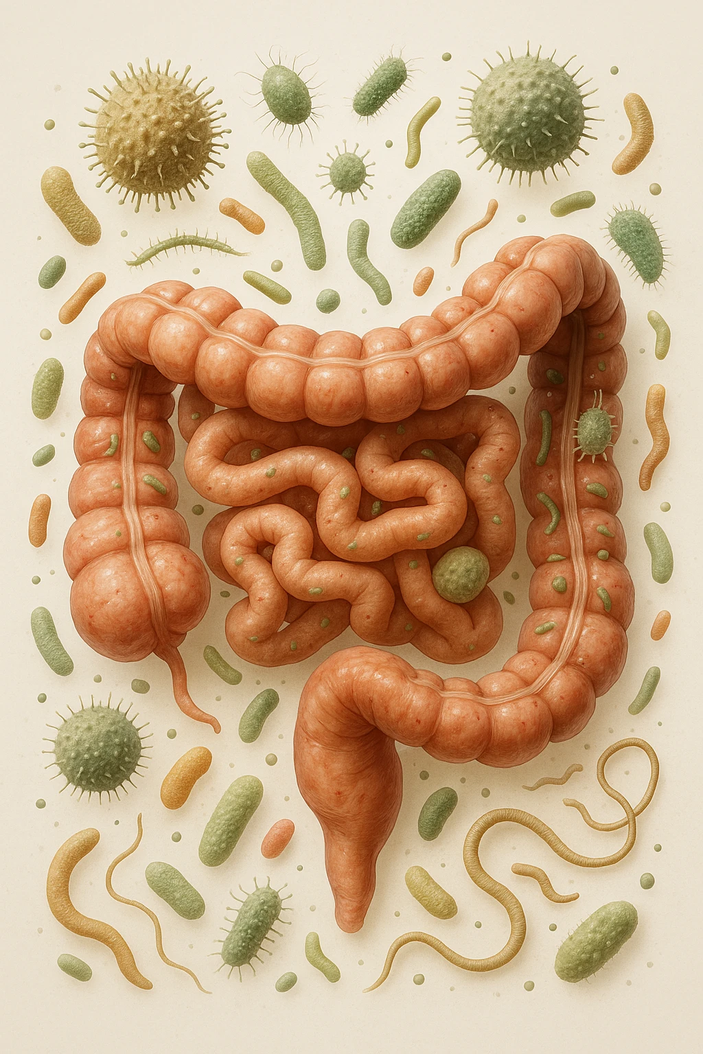 INTESTINO UMANO ANATOMICO CON BATTERI E PARASSITI INTORNO, SFONDO CHIARO NEUTRO, IPERREALISTICO 4K emoji