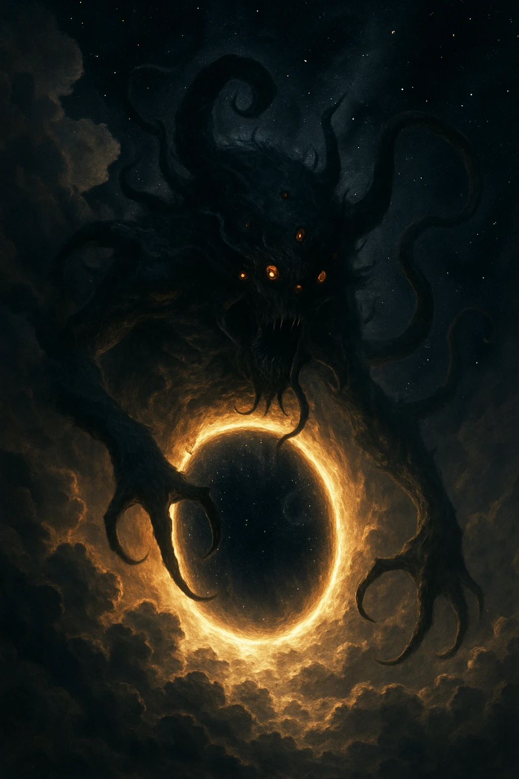monstrous cosmic being breaking through a glowing portal in the clouds, stars and void visible, surreal and terrifying, detailed art style emoji