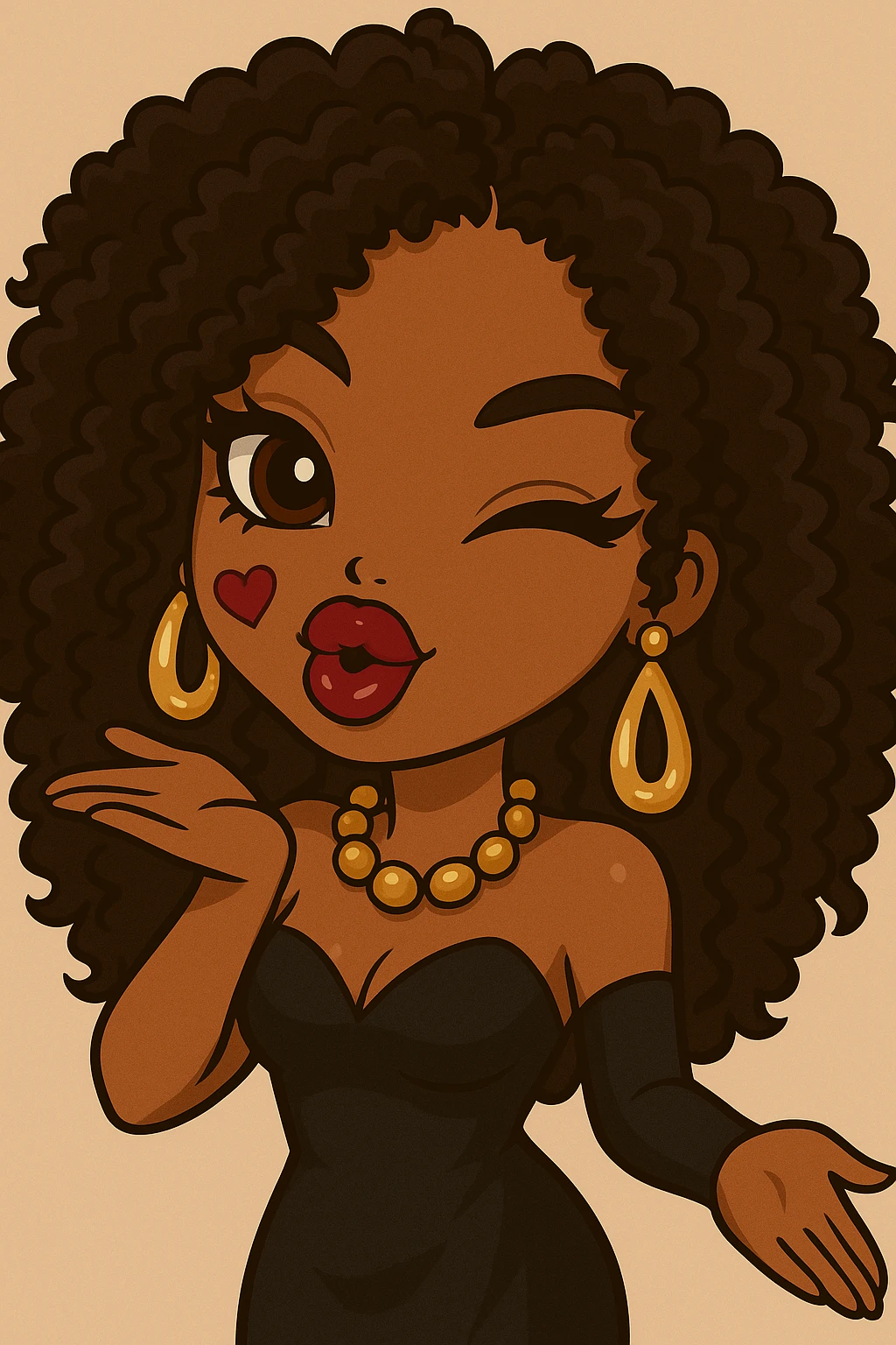 Headshot of a 20-year-old anime Bratz style woman with dark skin, curly hair, winking and blowing a kiss, glamorous evening wear, big expressive eyes, glossy lips, happy expression, no hat, no tears. emoji