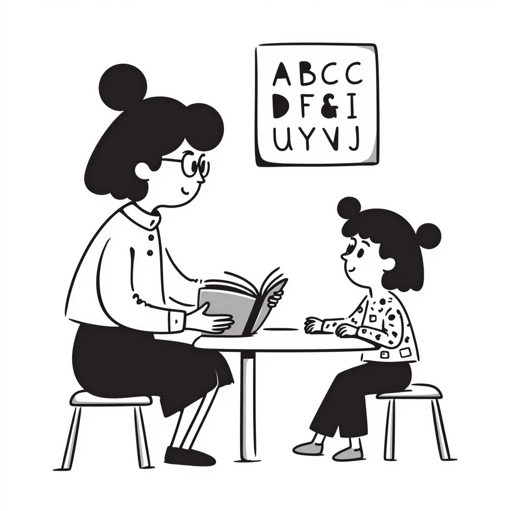 educator or speech therapist with child, who helps child with lessons emoji