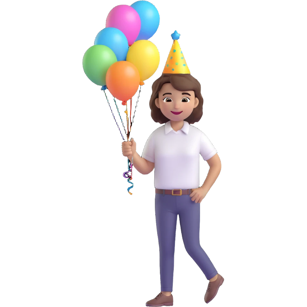 3D emoji style character with short tousled brown hair, light skin, white shirt, festive party vibe, holding a balloon, smiling, wearing a party hat, fiestero emoji emoji