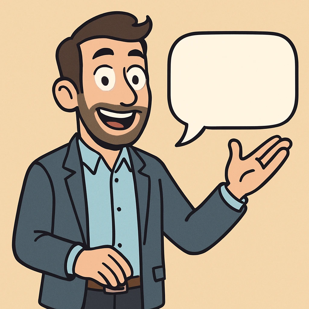 an articulate marketer, cheerful, holding a speech bubble, casual business outfit, friendly, approachable, cartoon style emoji