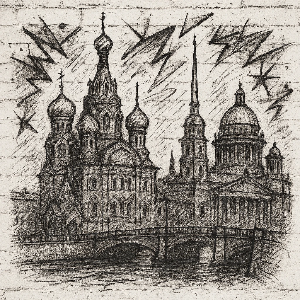 Сделай png рисунок Санкт-Петербурга в стиле граффити. Граффити черно-белое. Надписи не делай.  Рисовка в стиле Да Винчи. emoji