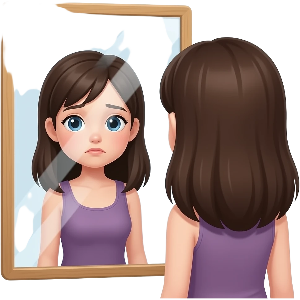 una chica triste  viendose en un espejo ,su propio reflejo se cubre el cuerpo y hay en poster que muestra a una chica  con un buen cuerpo emoji